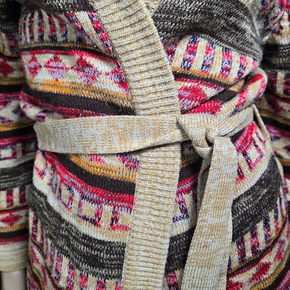 Vintage 70s Boho Belted Cardigan Womens Size S Beige Aztec Print Flared Sleeves - Picture 3 of 11